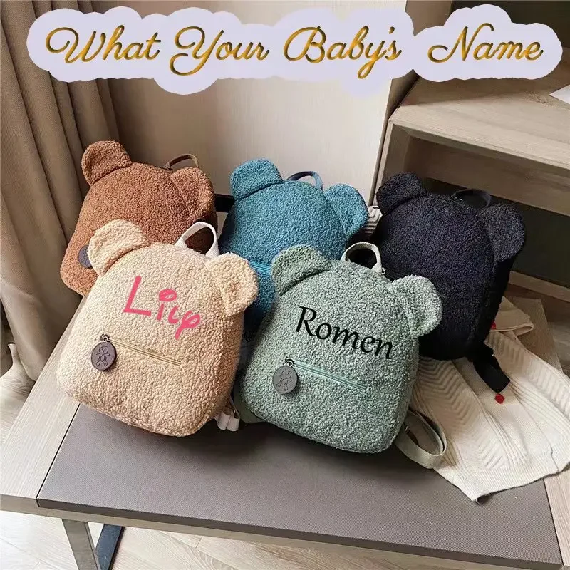 Personalised Baby Girls Backpack Cute Bear Plush Solid Color Baby Bag Custom Name Casual Backpack for Toddler Kids 1
