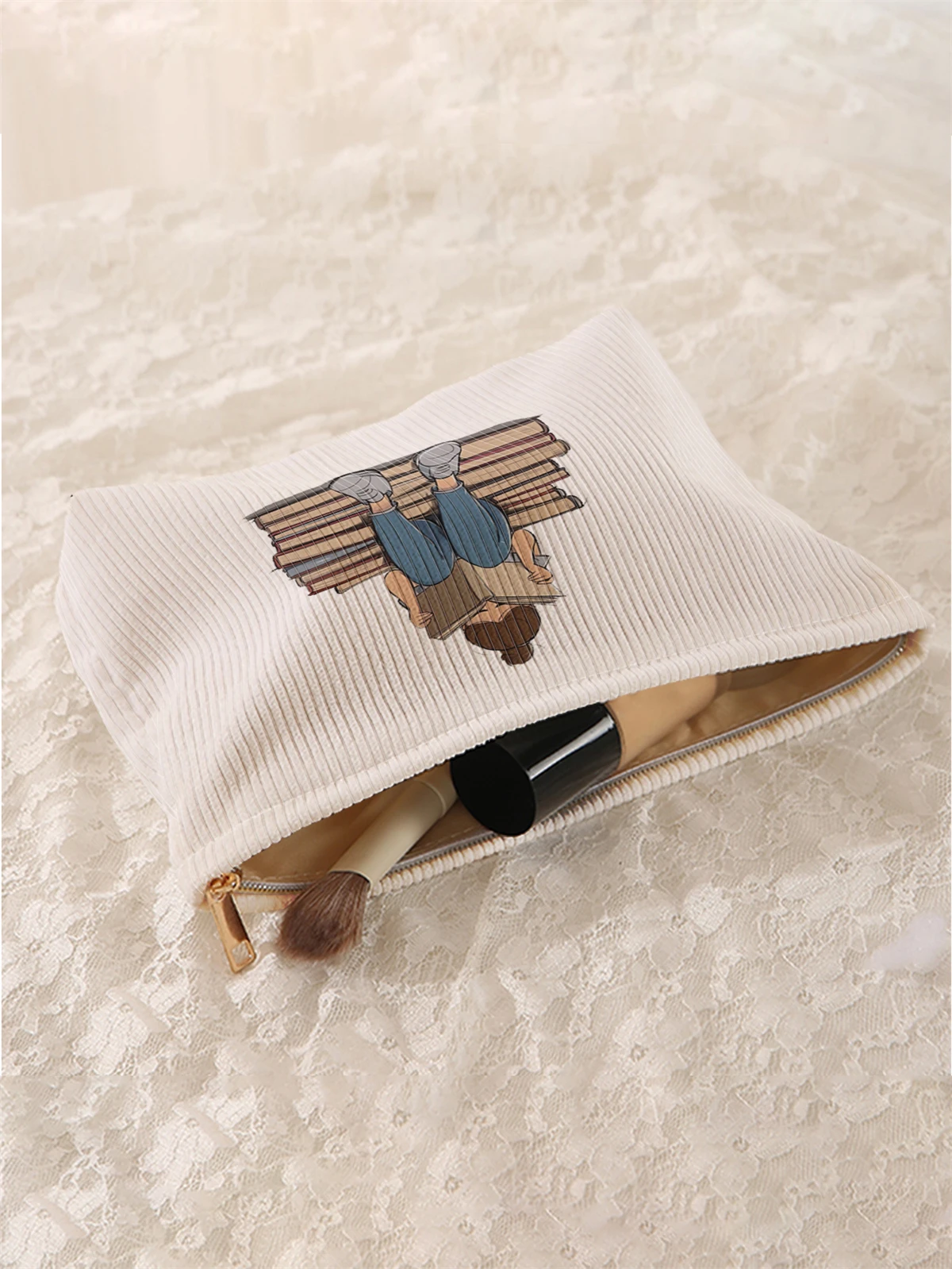 1pc book pattern printed corduroy makeup bag, lightweight zipper makeup storage box, multifunctional bag with lining