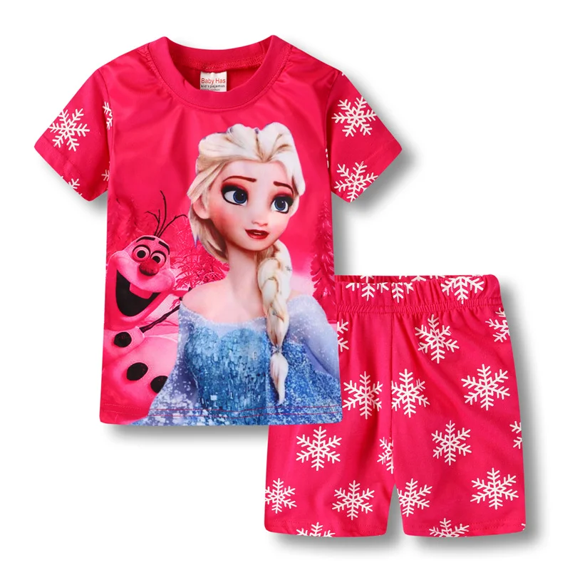 thumbnail image 1 of Disney-Conjunto de ropa de Frozen Elsa para niños, pijamas Kawaii para bebés, camiseta para niños, pantalones cortos, trajes, ropa de algodón, regalo, novedad de verano, 1 of 5