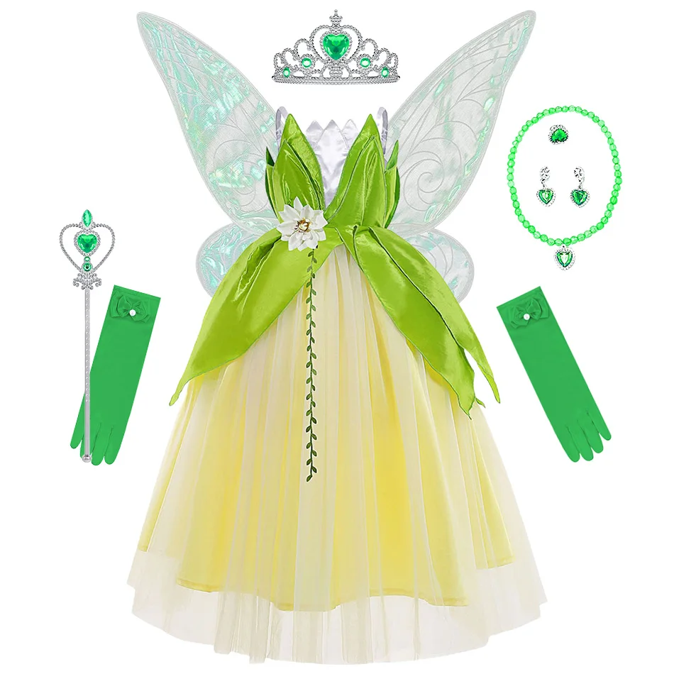 

Halloween Carnival Girl Forest Princess Tiana Costume Frog Flower Fairy Green Elf Cosplay Dress Fancy Dress Girls Birthday Dress