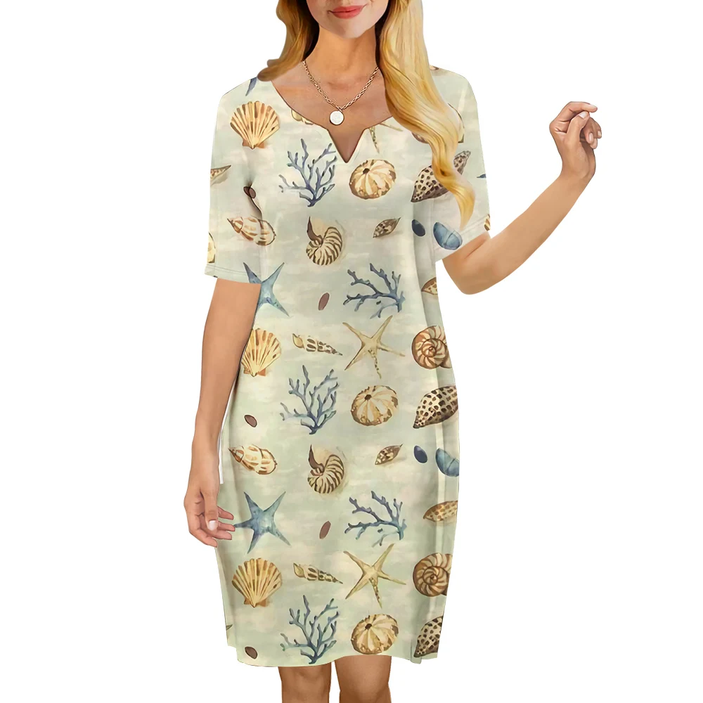 

CLOOCL Women Dress Vintage Sea Shells Graphic 3D Printed V-Neck Loose Casual Short Sleeve Shift Dress Summer Woman Sexy Dresses