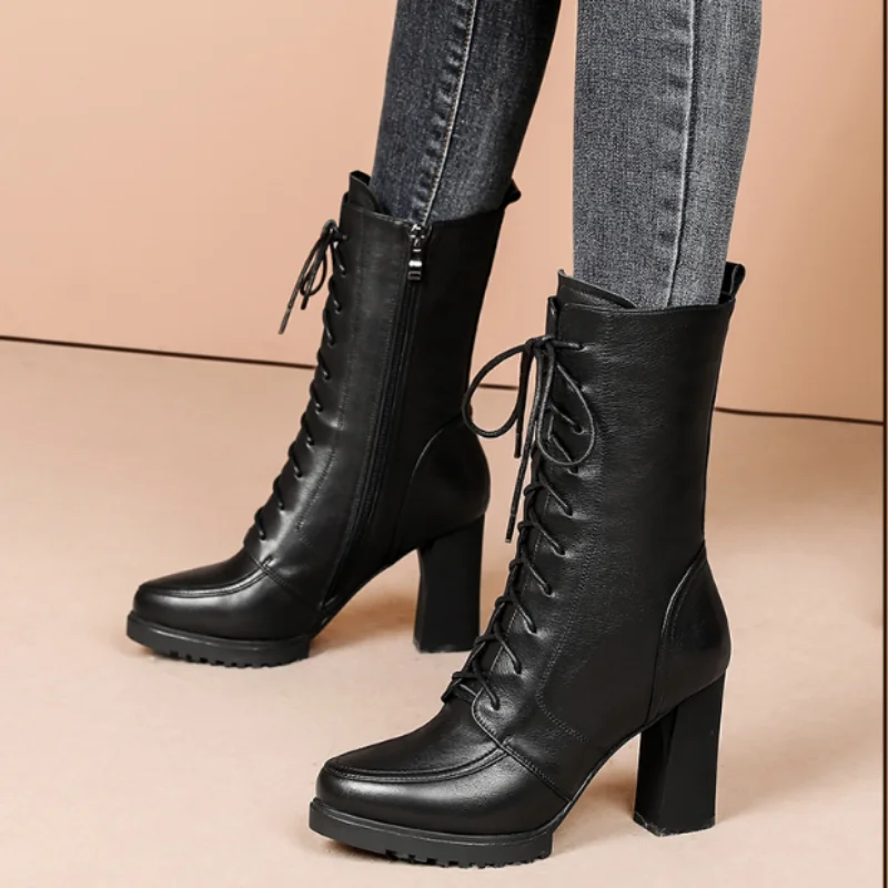 Autumn Winte Boots Women's Sexy High Heel Shoes of Women Mid-calf Boots Lace-Up Boots Anti-slip Warm Boots Fashion Zipeer Boots