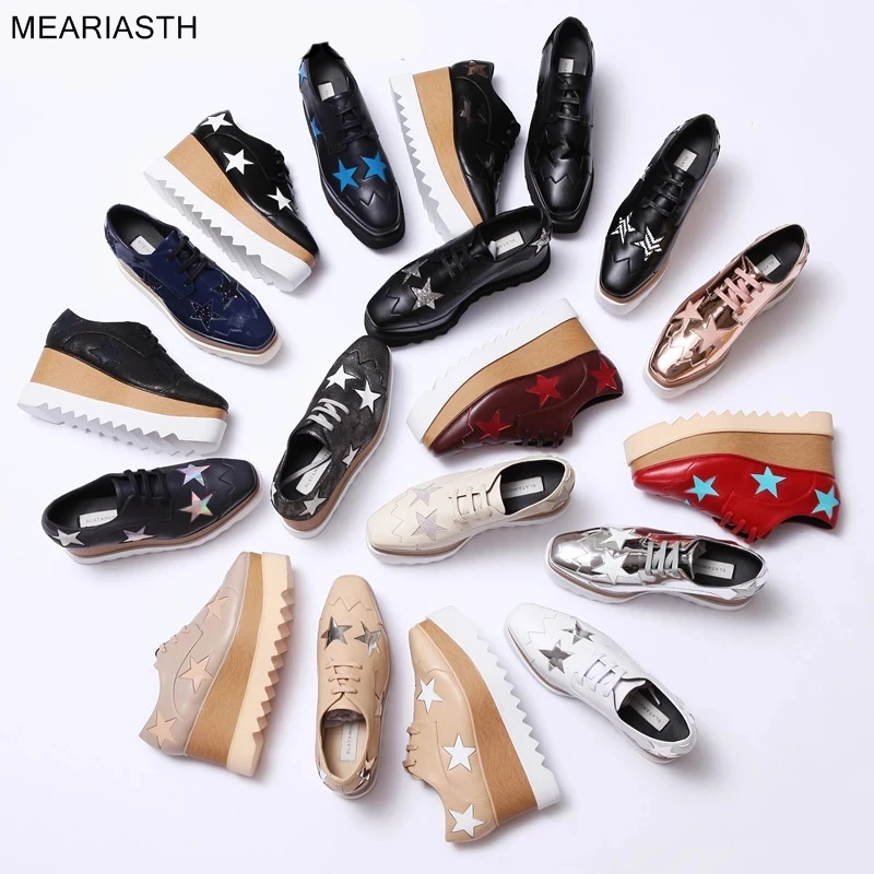 

Genuine Leather Height Increasing Star women Shoes Classic Platform Mix Color Square Toe Wedge Shoes Lace Up Star Casual Shoes