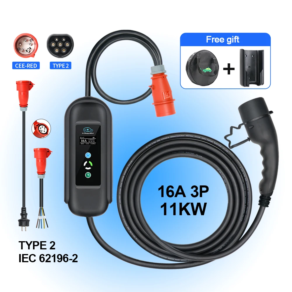 Portable EV Charger 16A 11KW 3P Type 2 Wallbox Charging For Eletric Vehicle  Hybrid PHEV Cars With Cable 5M