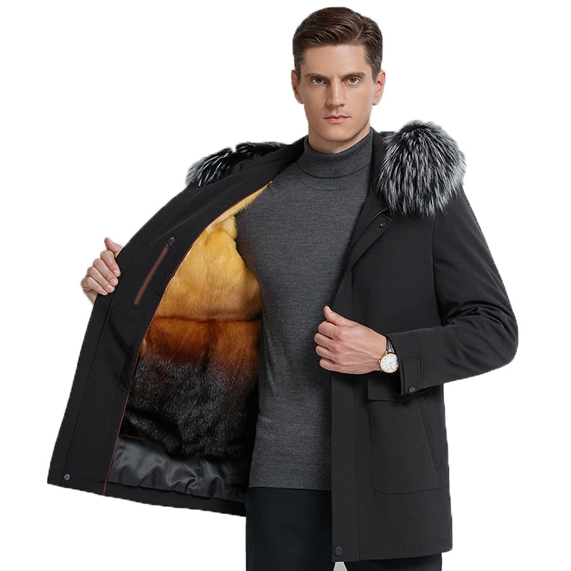 New Arrival Fashion Men's Winter Coats Super Warm Rabbit Fur Linner Fox Fur Collar Medium Long Jacket Coats Men Detachable! arrival fashion hot resin small medium side portrait model earrings necklace jewelry display stand necklace display props