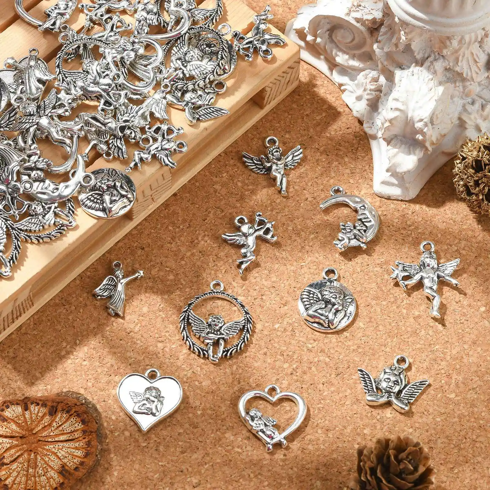 100Pcs 10 Styles Tibetan Angel Charms Antique Silver Religious Angel Charms for Necklace Bracelet Earrings Jewelry Making