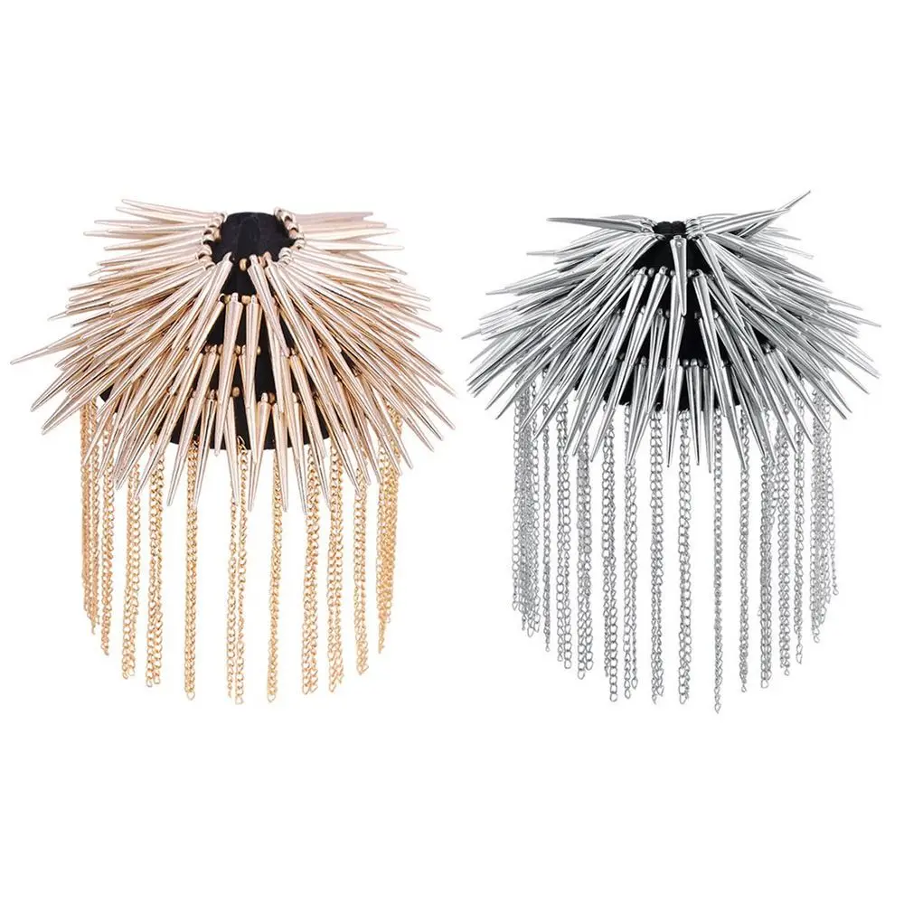 Tassel Chain Shoulder Board Badges Beads Punk Goth Rivet Spike Stud Epaulet Shoulder Metal Brooch for Man Suit