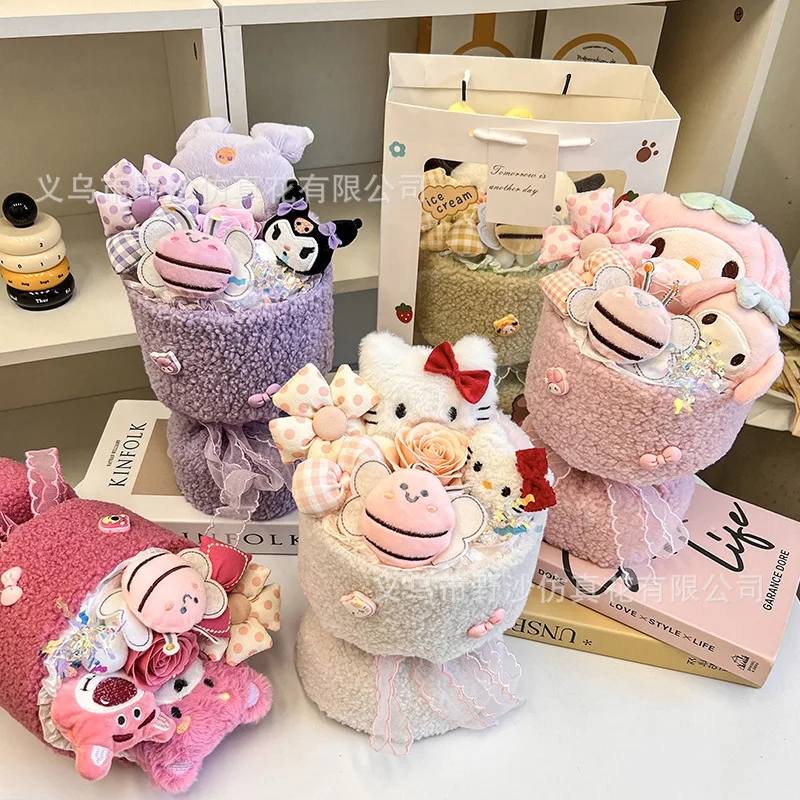 

Kawaii Anime Melody Kuromi Plush Doll Flowers Bouquet Cinnamoroll Pochacco Soft Plushie Toys Christmas Valentine Graduation Gift