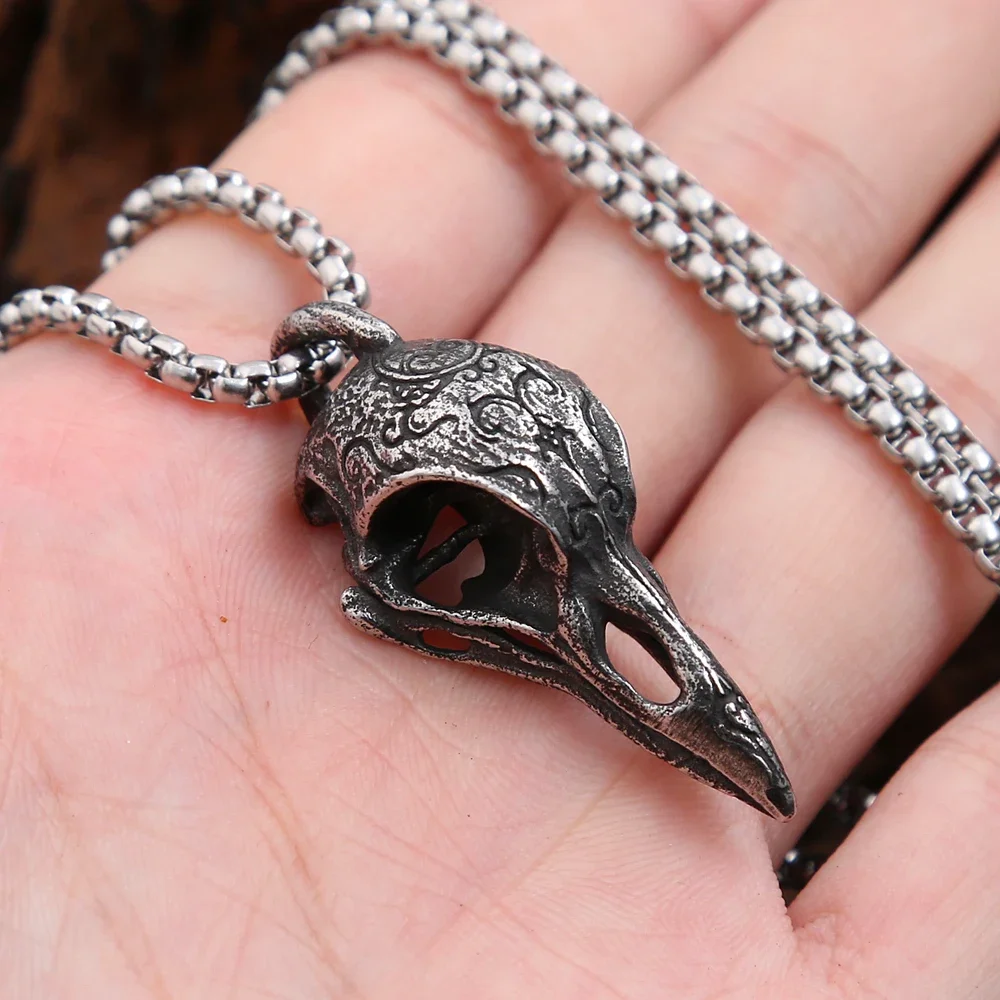 Retro Old Style Crow Skull Necklace Viking Stainless Steel Biker