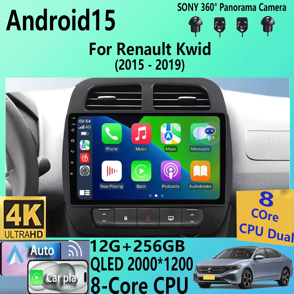 Radio Multimedia para Auto con Android 15, Carplay, WIFI+4G para Renault KWID K-ZE Dacia Spring 2015-2019, Reproductor de Video, GPS, Estéreo 2din 1