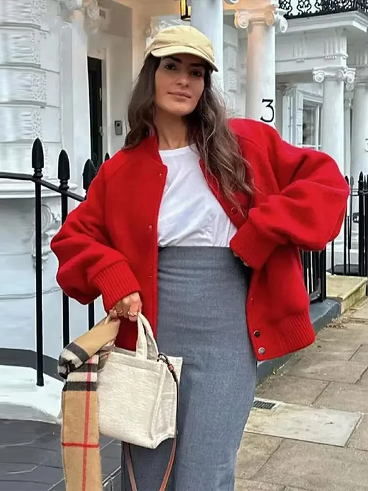 HH Women Casual Coat Solid Single Breasted Long Sleeve O-Neck Pocket Jacket Female Fashion Streetwear Lady Red Outwear