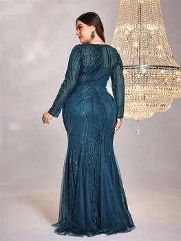 فساتين سهرة أنيقة بأكمام طويلة مزينة بالترتر مقاس كبير للنساء حورية البحر فساتين كوكتيل طويلة للحفلات الرسمية 2