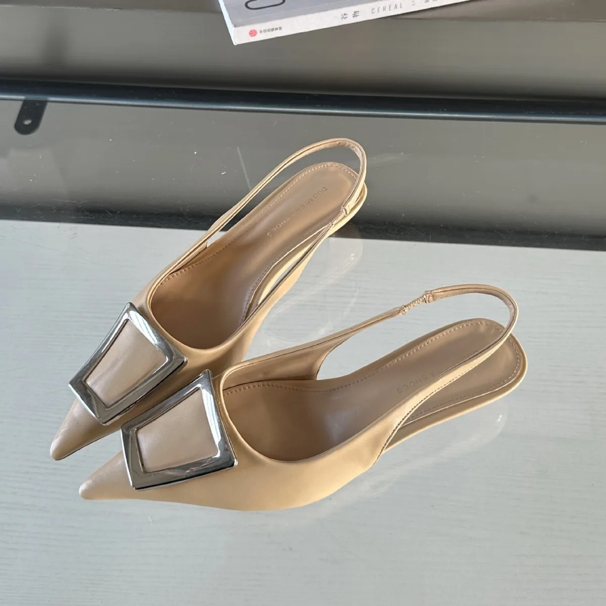 French Baotou Slim Heel Sandals Summer Metal Buckle Style Celebrity Pointed Low Heel Shoes Half Slippery Single Shoes for Women