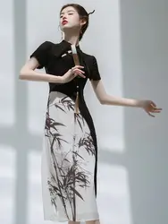 Fashion New Chinese Style Cheongsams Sexy Off Shoulder Qipao Black Patchwork Bamboo Chinese Dress Female Mandarin Collar Qipao