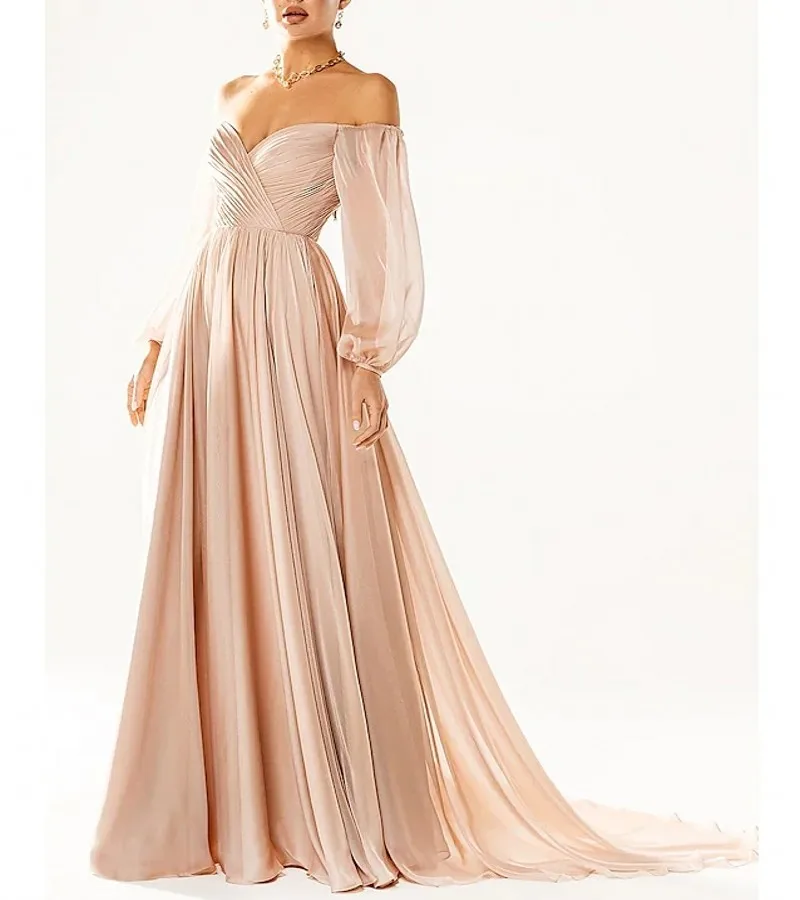 Sexy Pink Red Formal Evening Dress Long Sleeve Off the Shoulder Chiffon Prom Party Gown Robe De Soirée Vestidos Festa evening gowns for women Evening Dresses