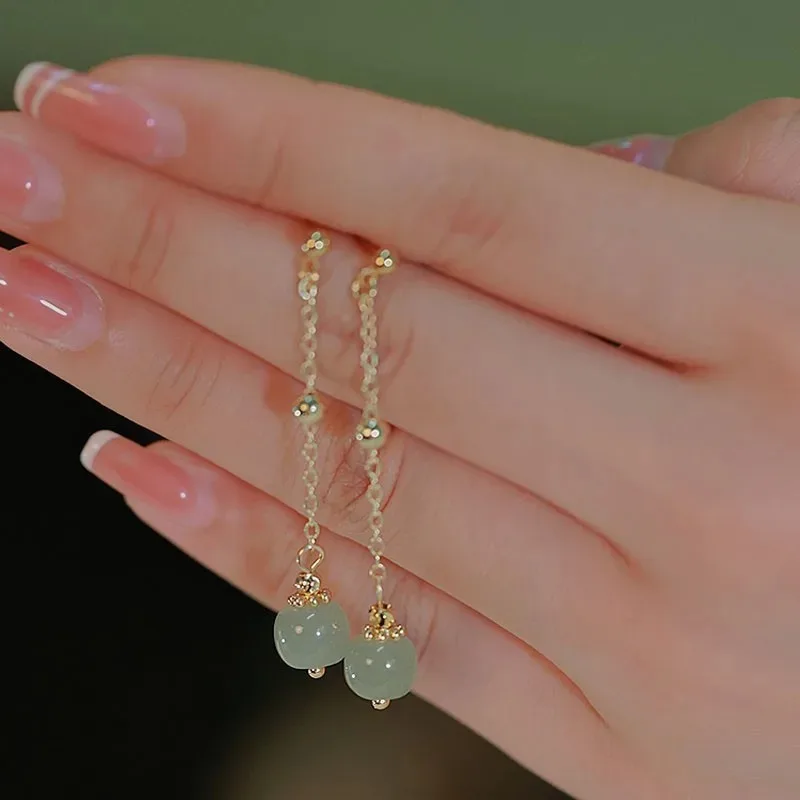 Hetian Jade Long Earrings Female Fringe Ear Line Ancient Chinese Style Hanfu Cosplay Accessories Ethnic Jewelry for Women Girls