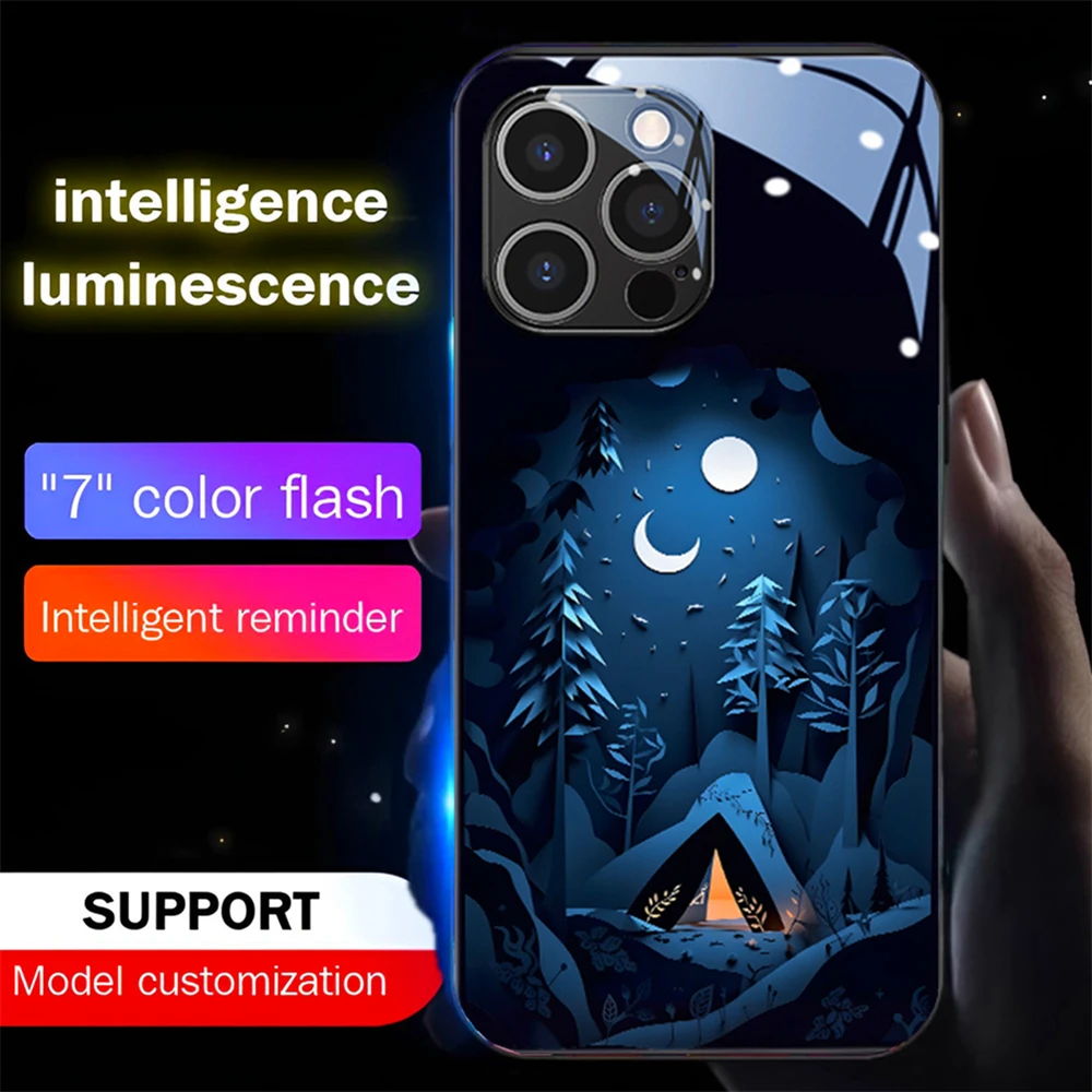 

Moonlight In Snow Smart LED Light Glow Tempered Glass Phone Case For iPhone 15 14 13 12 11 Pro Max XR XS Plus 6 7 8 SE2020