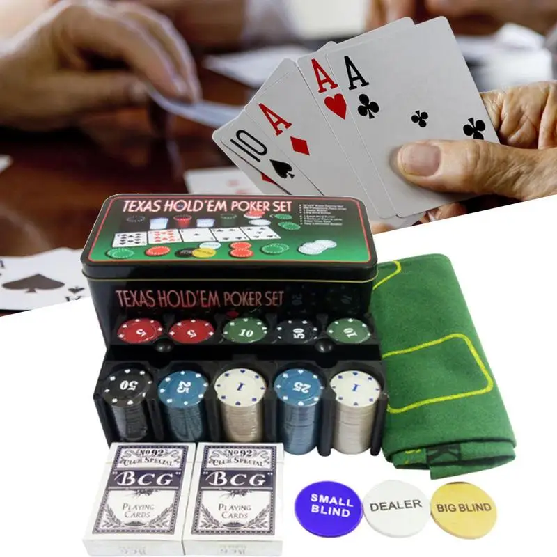 

Texas Hold 'em Poker 200pcs Poker Chips With Tin Case Casino Chips Set For Texas Holdem Blackjack Gambling Traveling Poker Set