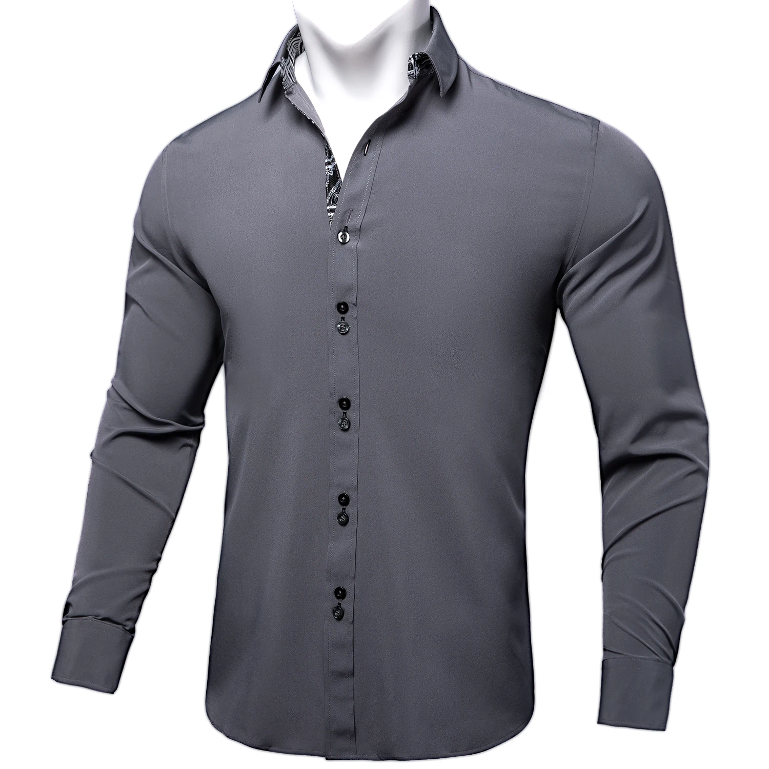 Classic Gray Business Men Shirt Patchwork Collar camisa masculina Spring Fall Long Sleeve Button-Down Wears Party Shirt For Men