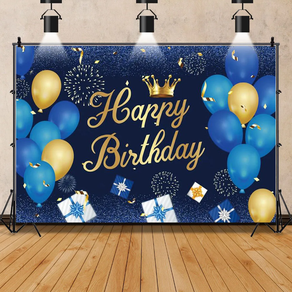 Photo backdrop Photo wallpaper Party decoration covers Vinyl Backdrop Blue Gold Balloon Happy Birthday Party Diamond Dots Poster Baby Kid Banner Background For Photo Studio