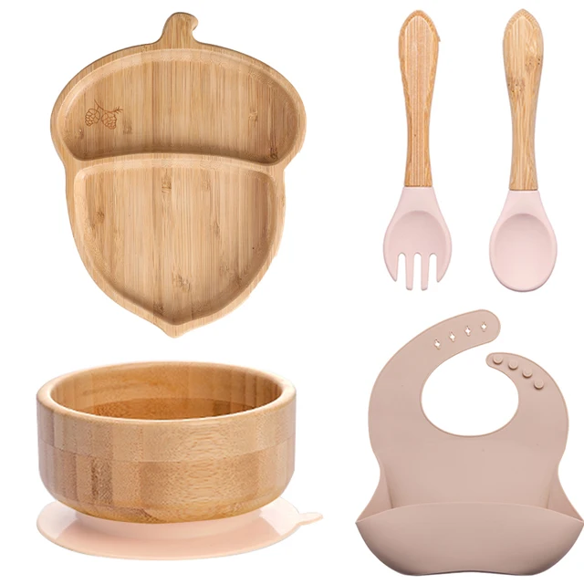 7Pcs Wooden Feeding Tableware Sets Kids Feeding Supplies Bamboo Dishes with Silicone Straw Cup Children Dinnerware Gift Set Peach nut suit