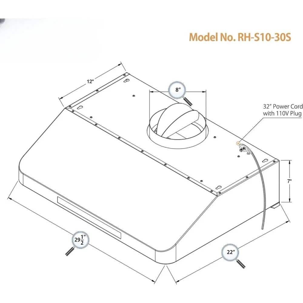 30 Inch Range Hood, 7” High Stainless Steel Under Cabinet Range Hood 4 Speeds, 8” Round Top Vent, 1000CFM 2 LED Lights 6