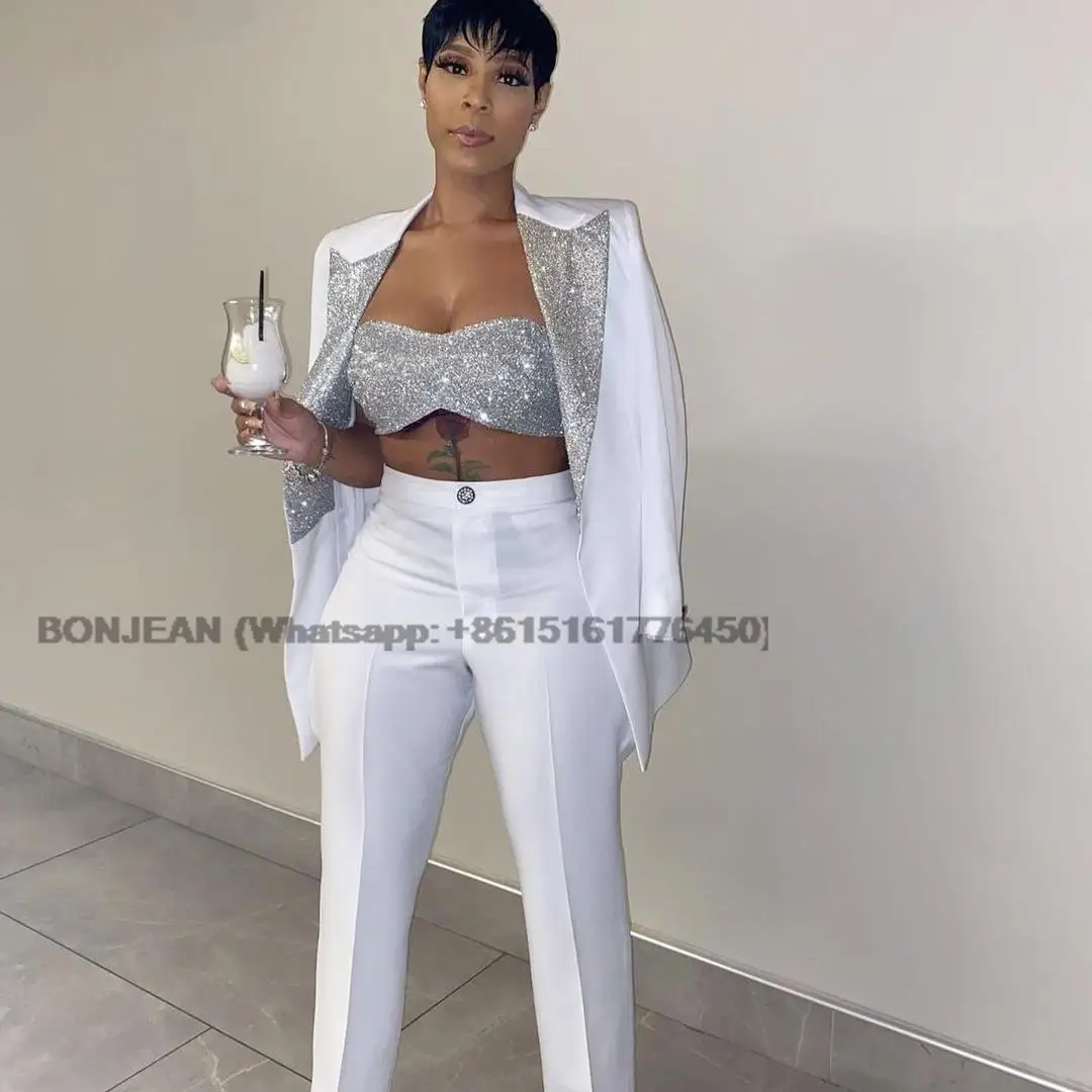 

3 Pcs Women Blazer Suits Customise Bridesmaid Dress Long Sleeve Glitter Party Gowns Ladies Jacket Pants