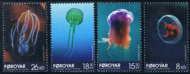 

4 PCS, Faroe Islands, 2014, Sealife, Jellyfish, Real Original Stamps for Collection, MNH