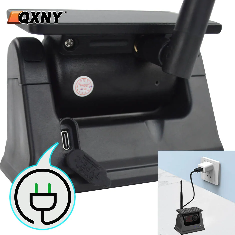 QXNY 와이파이 마그네틱 태양열 무선 백미러 백업 카메라, IOS 안드로이드 앱, 내장 배터리 포함, RV 트럭 캠핑카 트레일러용