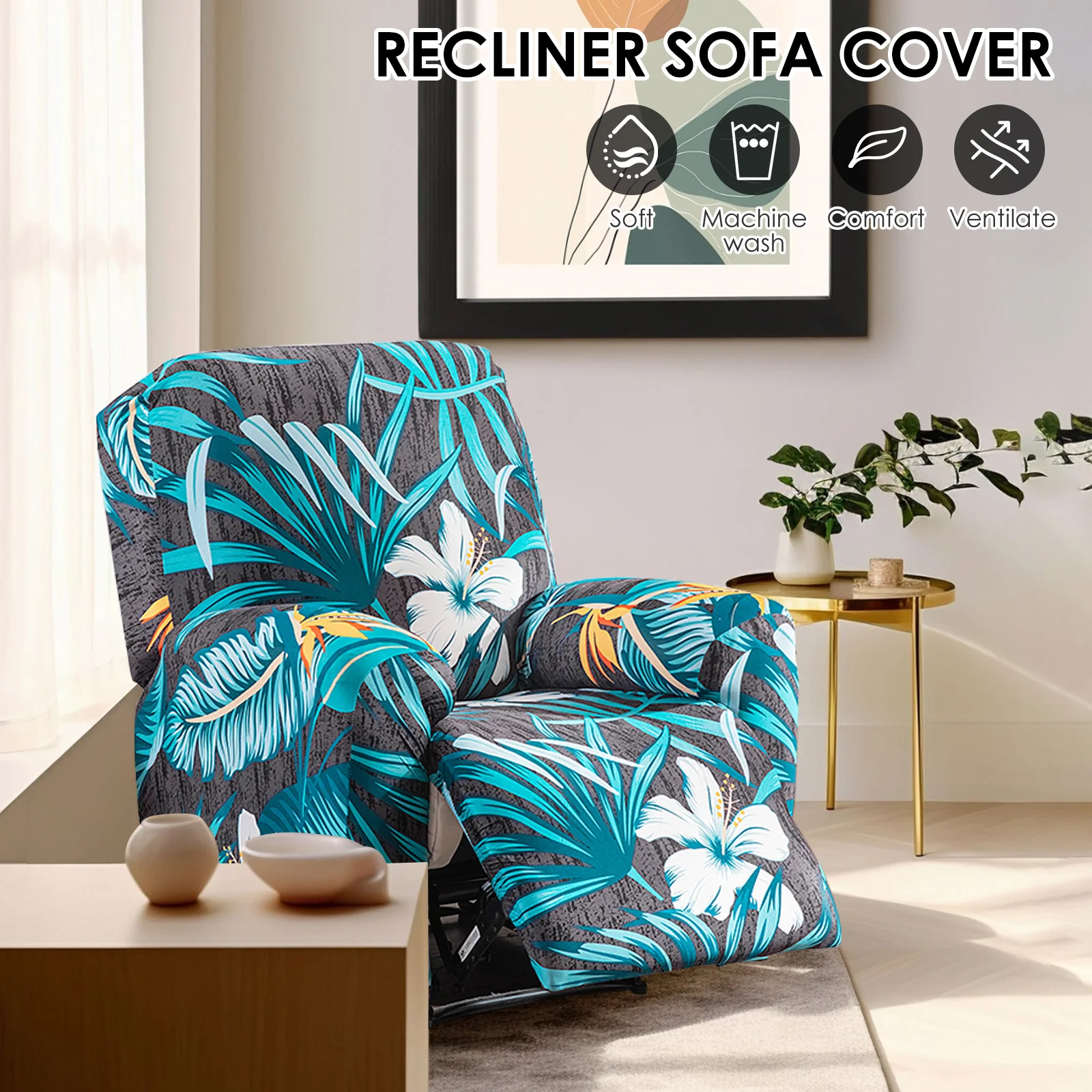 Recliner Chair Cover Full Wrap Style Single Reclining Slipcover With Side Pocket Machine Washable Stretch Printed Armchair Cover