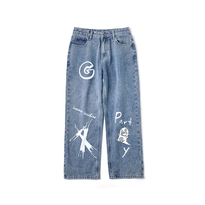 light blue jeans men Spring and Summer HipHop Straight Jeans Men's Graffiti Casual Trousers Trendy Loose Wide Leg Pants Male Student Ins All-Matching flannel lined jeans