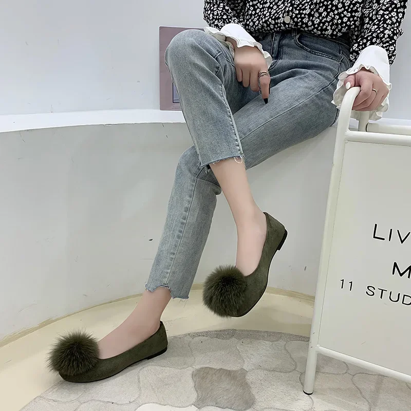 Furball single shoe woman Spring and Autumn Korean version square head suede women's flats big size casual shoes for women