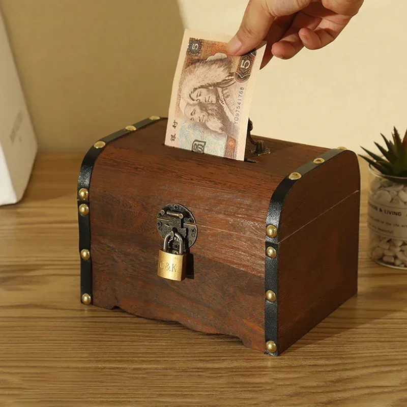 Wooden Retro Treasure Chest Piggy Bank Decorative Box with Lock Coin Banknote Storage Box Safe Money Gift wooden piggy bank wooden money box