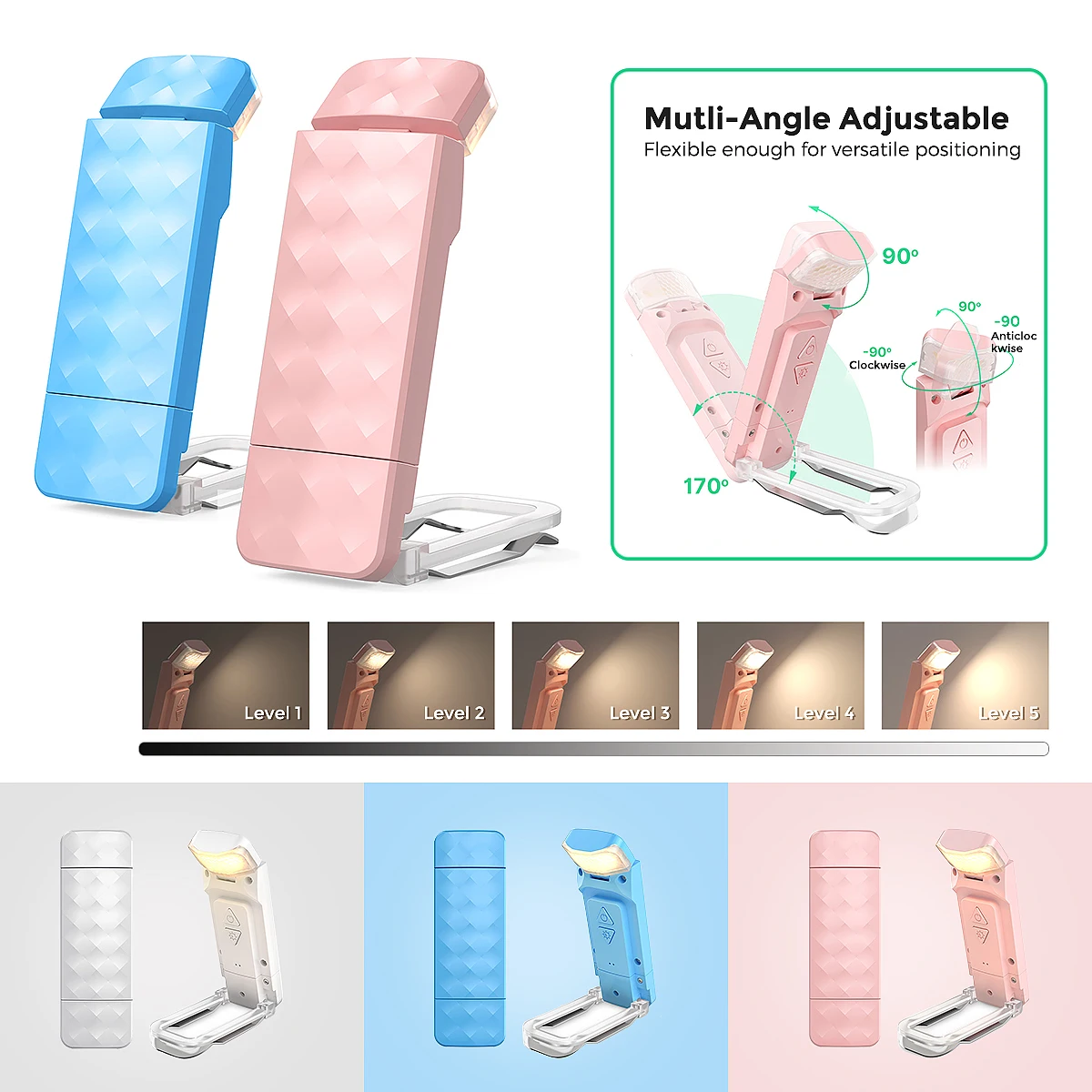 Description Picture 2 of itemReading Lamp Book Clamp, Eye-Friendly Bed Reading Lamp with 3 Colours & 5 Dimmable Brightnesses, Rechargeable Book Lamp, Book Re