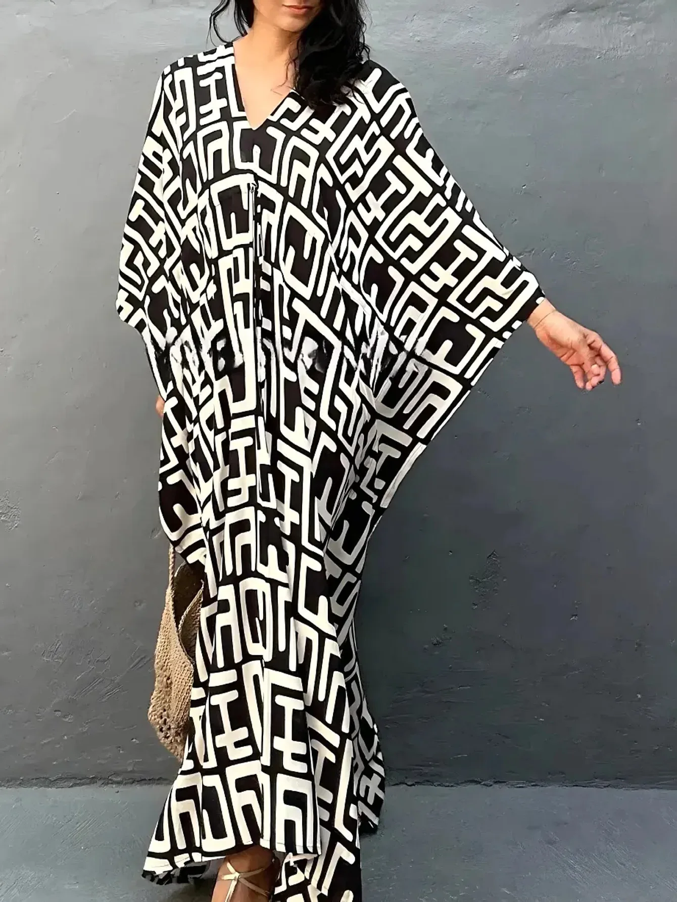 Kaftans for Women Geometric Printed Beach Dresses Drawstring Cover Ups for Swimwear Summer Holiday Outfits Dropshipping 6