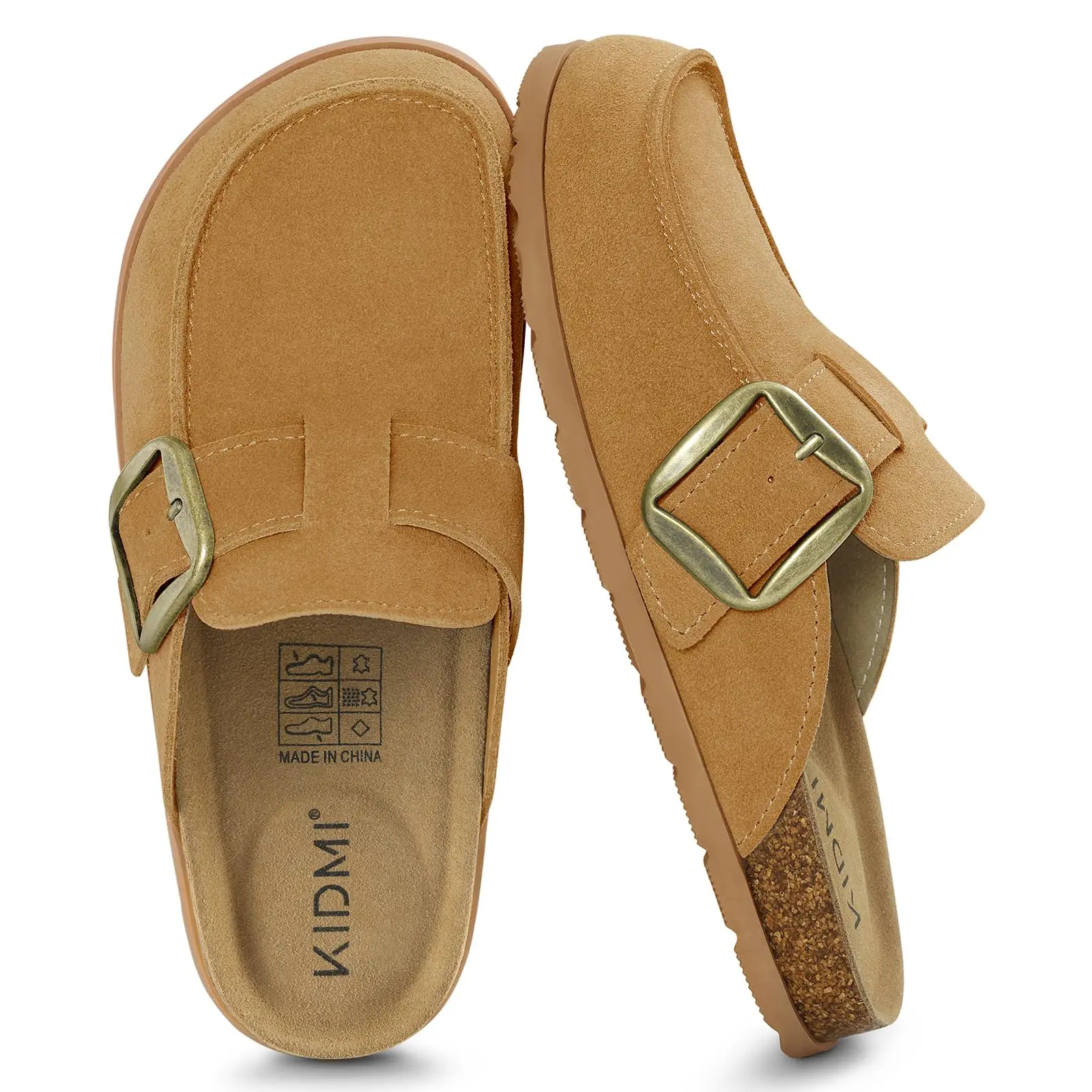 Evshine Genuine Suede Comfort Arch Support Slip On Mules With Adjustable Buckle Memory Foam Cork Footbed Clogs Shoes_vogvips.com
