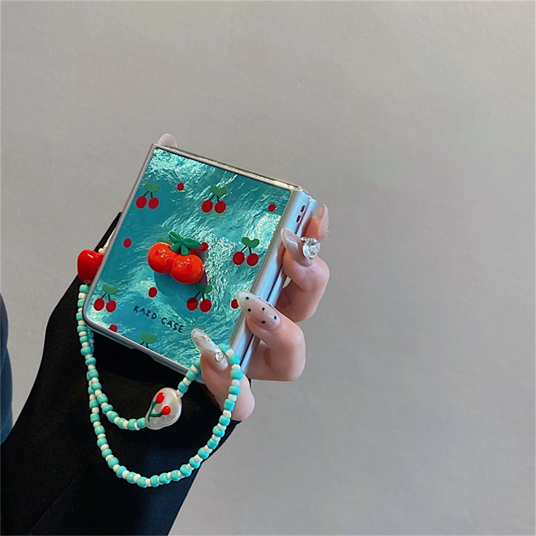 Cherry Glacial Pattern Phone Case with Pendant - Cute Full Screen Design