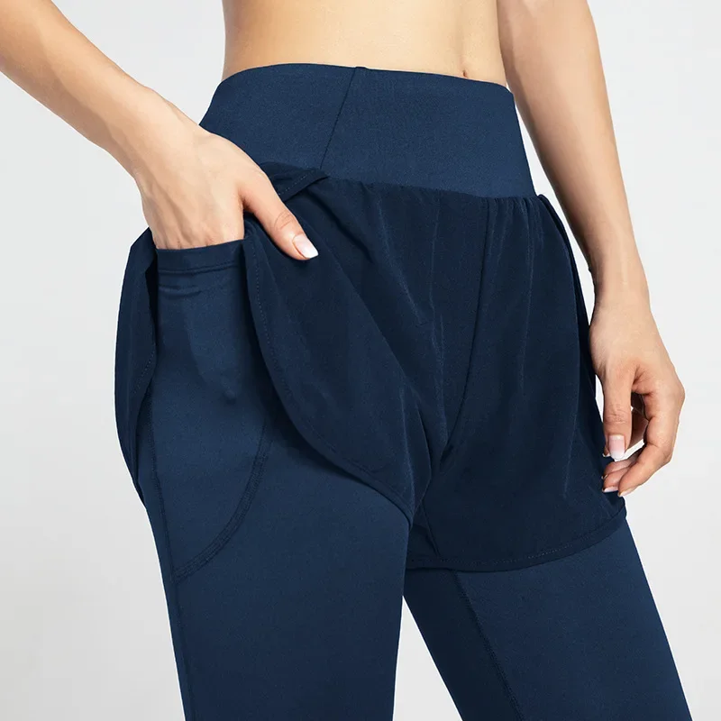 Women Gym Yoga Pants Shorts Legging Fake 2 Pcs Running Sports Pants With Phone Pocket Quick Dry Outdoor Fitness Workout Tights