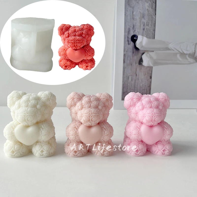 Small Rose Love Bear Candle Silicone Mold DIY Handmade Candles Plaster Soap Making Kit Valentine's Day Gift Wedding Decoration