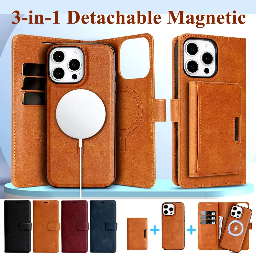 3-in-1 MagSafe Magnetic Leather Wallet Phone Case with Card Slots