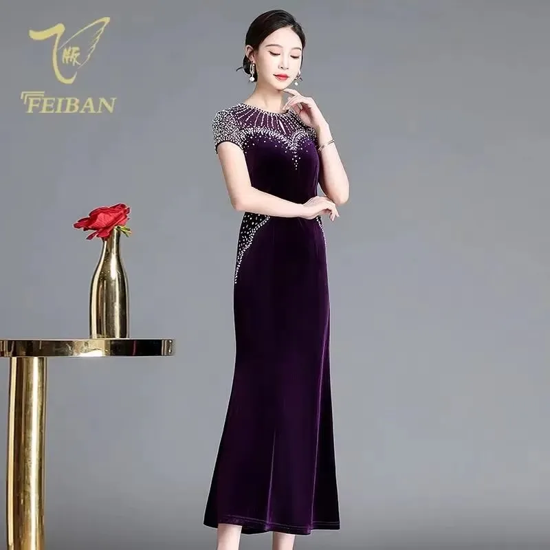 Vintage Diamonds Edding Dress 2025 Spring Attend Wedding Mother Dess Dinner Party Improved Cheongsam Short Sleeve Dresses Lady