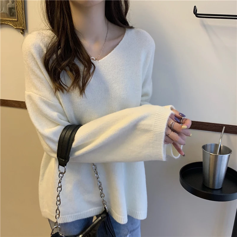 V-neck Pullovers Women Solid Candy Colors Sweet Harajuku High Street Loose-fit Long Sleeve Sweaters Ulzzang Knitted Pullover Ins striped sweater