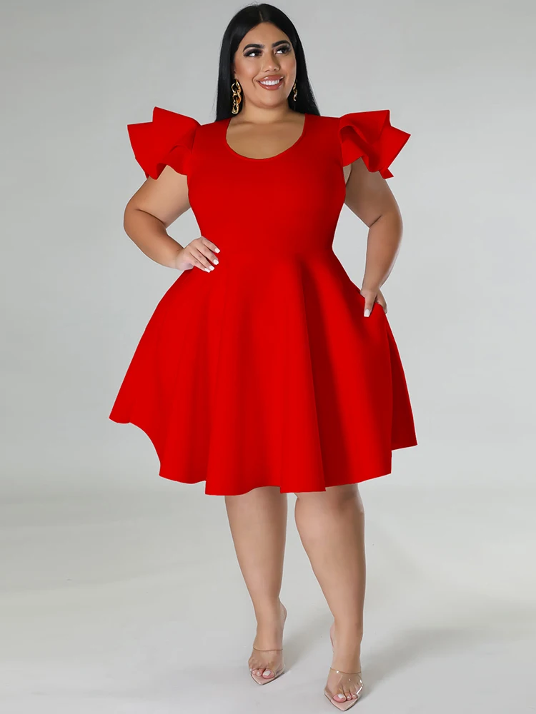 

ZJFZML ZZ Plus Size Dresses Women's Clothing 2022 Elegance Round Neck Ruffles Sleeve High Waist Big Swing Pleated A-line Dress