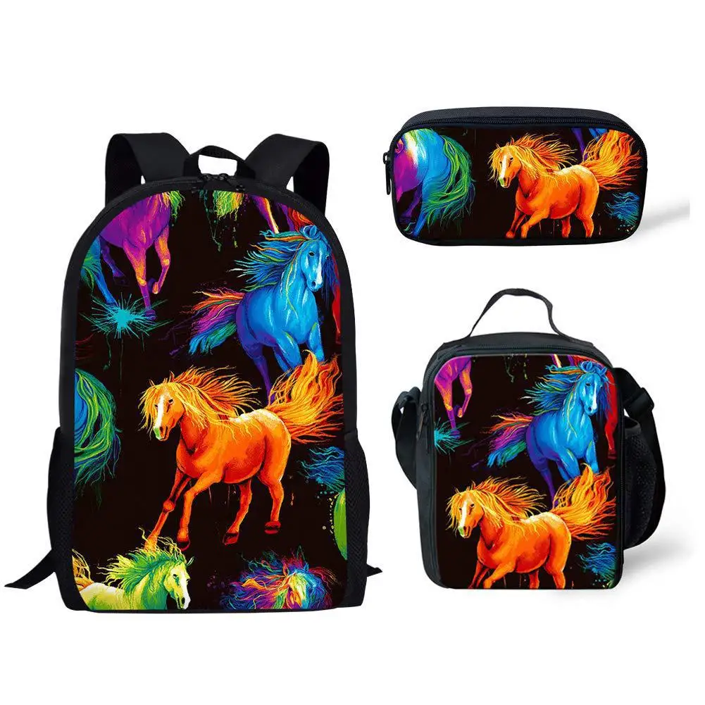 Popular Youthful Broken flower horse 3D Print 3pcs/Set Student Travel bags Laptop Daypack Backpack Lunch Bag Pencil Case
