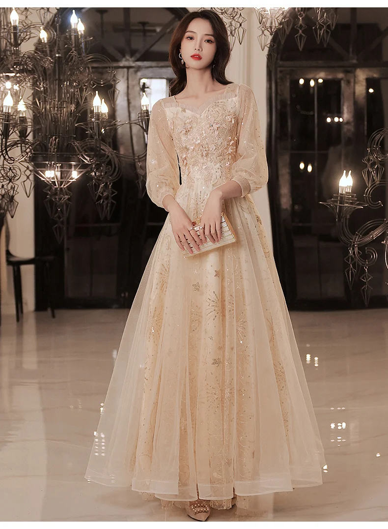 Champagne Evening Dresses For Women Sweetheart Appliques Sequined Tulle Floor-Length Long Wedding Party Gowns With 3/4 Sleeves plus size ball gowns