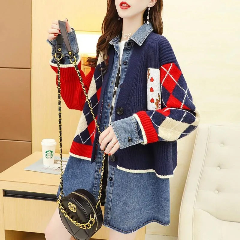 

Knitted Stitching Fake Two-piece Denim Jacket Female Spring and Autumn New Korean Loose Cardigan Casual Fashion Denim Jacket Top