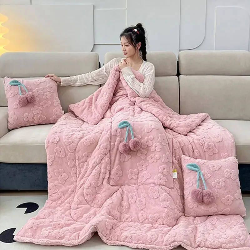 

2 in 1 Pillow Quilt Nap Blanket Cushion for Sofa Car Office Foldable Double-use Thickened Taffeta Velvet Warmer Sleeping Nap