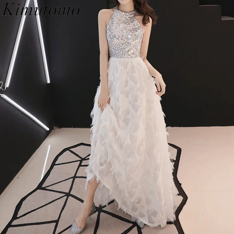 

Kimutomo Sequin Tassel Halter Elegant Dress Women for Wedding Party Halter High Waist Maxi Dresses Celebrity Style Evening Gowns