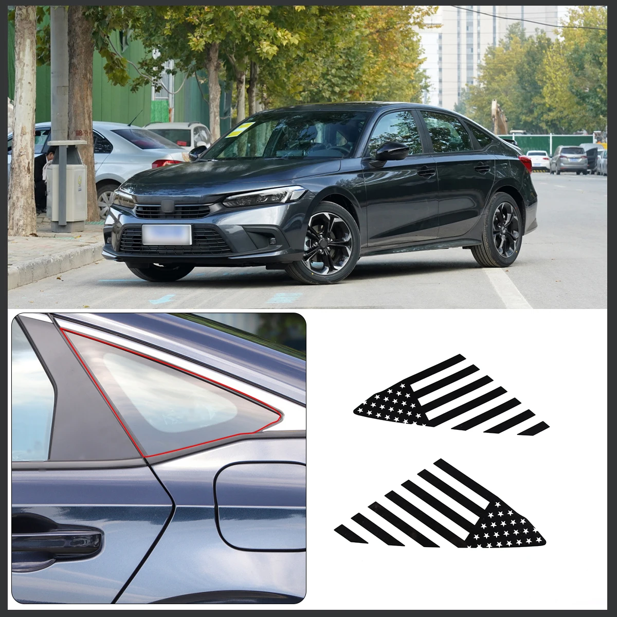 

For Honda Civic 2022 Car Styling Black/carbon Fiber Car Rear Triangle Window Pull Flower Film Sticker Car Exterior Accessories