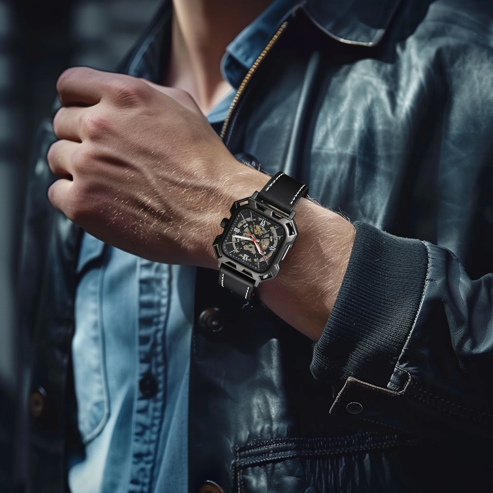 LONGLUX automatic watch cool mechanical wristwatches steel hollow no leather mens watch men gift mechanical watch